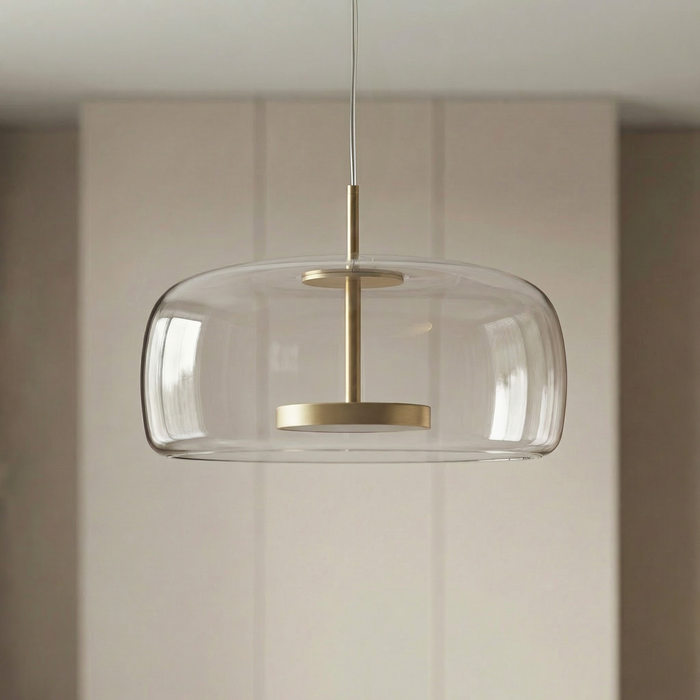 Scandinavian pendant light in clear glass, wide drum shade with a brushed brass disc, BO-HA Astrid