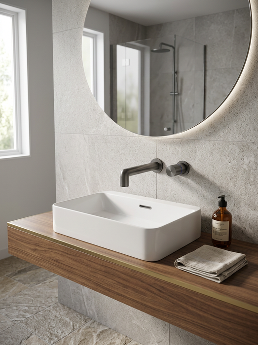 Grifo de baño de pared sobre un lavabo de sobreponer: Idun gris cepillado sobre una balda de nogal