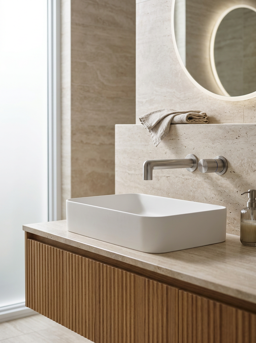 Grifo de baño de pared en un baño de piedra: Idun níquel cepillado sobre lavabo en mueble de roble estriado